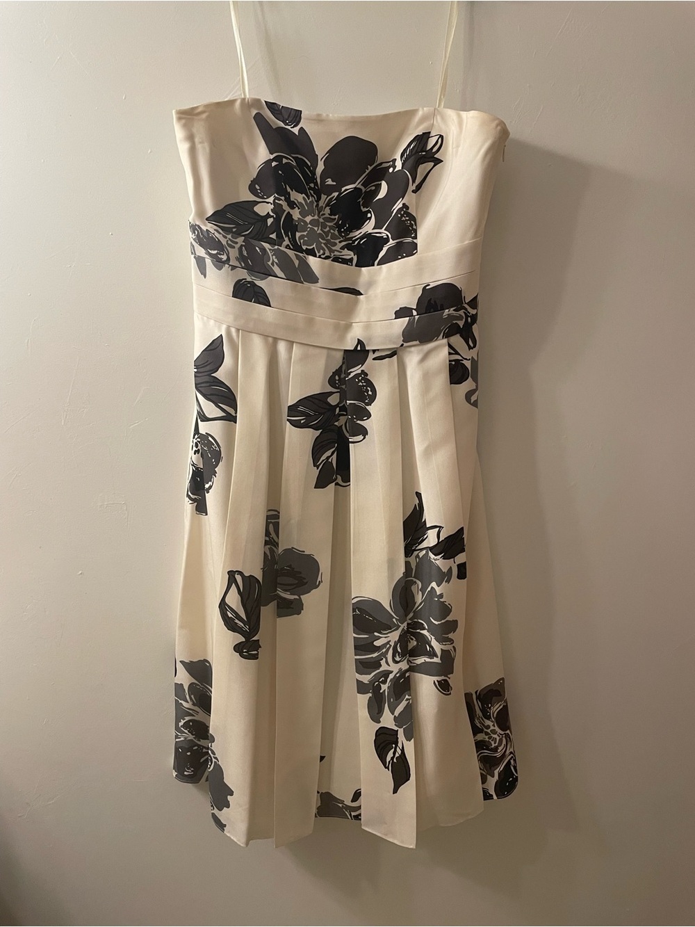 Ann Taylor Strapless Cream Dress with Black Floral Print